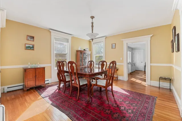 a view of a a dining room with furniture window and wooden floor