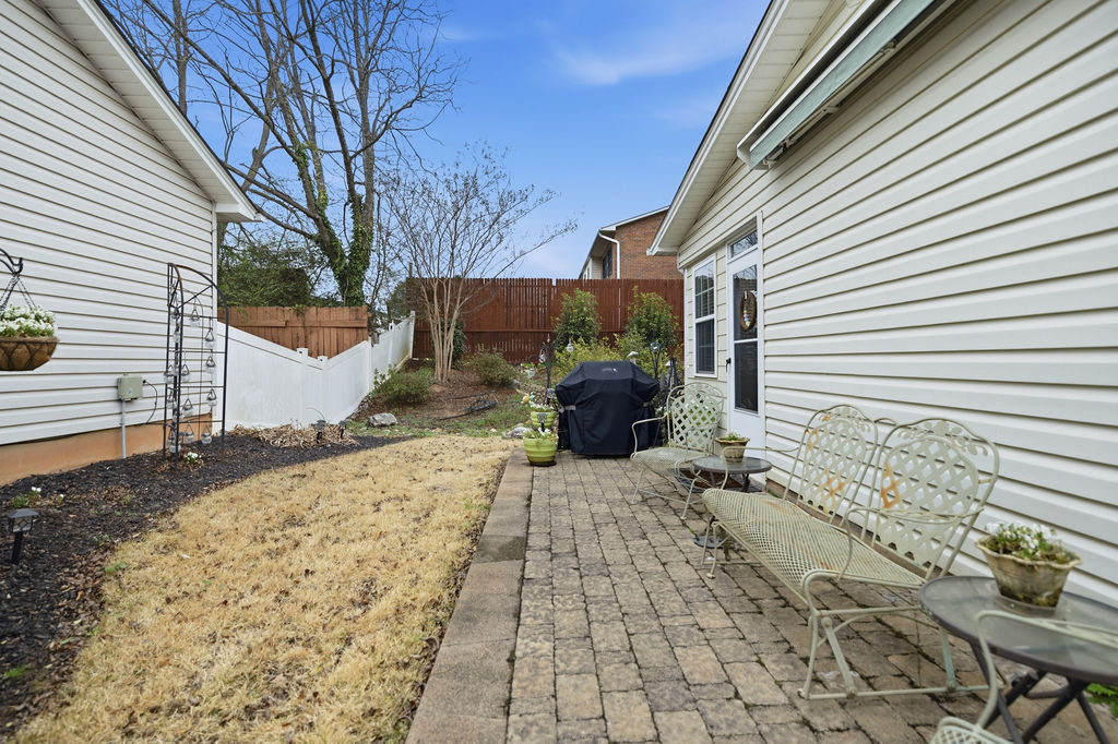 109 Abigail Lane Anderson, SC 29621 - Photo 28 of 29 This tranquil backyard features a private patio with a retractable awning, perfect for outdoor relaxation and entertaining.