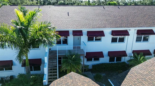 a aerial view of a house with a yard and potted plants