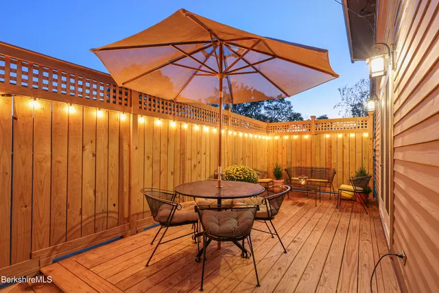 an outdoor space with furniture