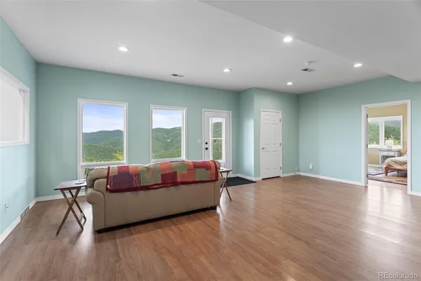 a living room with a large window