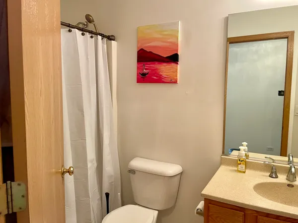 a bathroom with a sink mirror and toilet