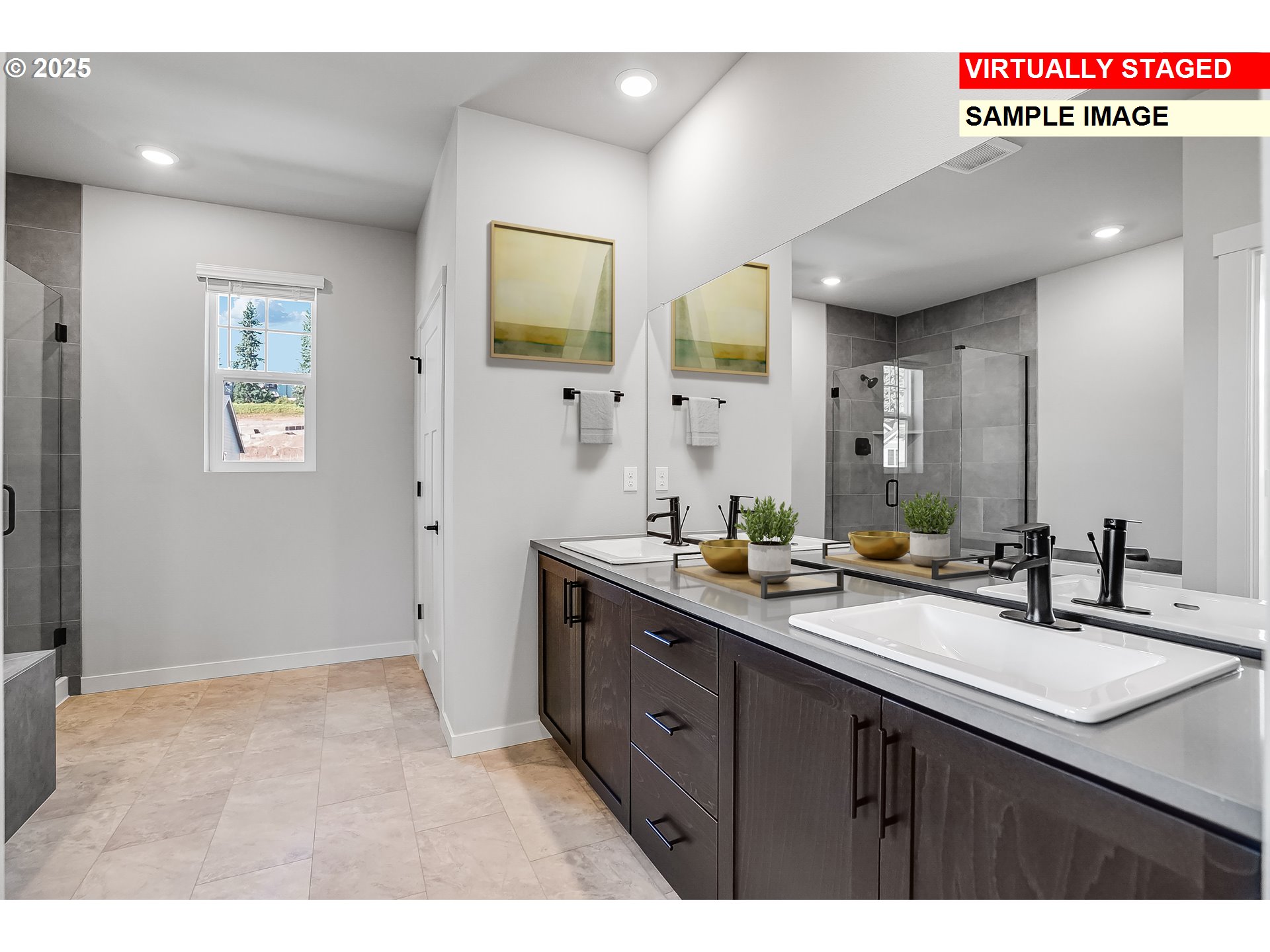 5486 North 88th Avenue Camas, WA 98607 - Photo 21 of 28 a bathroom with a sink a large mirror and a shower