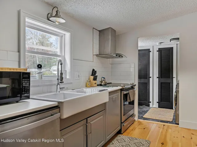 a view of a dining room with furniture