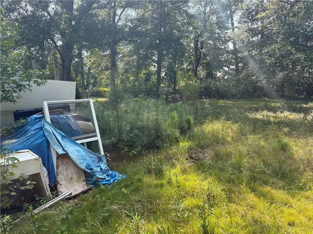 a view of a yard with large trees