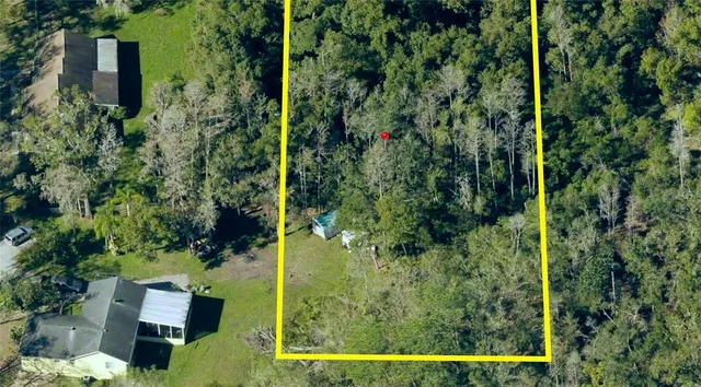 an aerial view of residential house with outdoor space and trees all around
