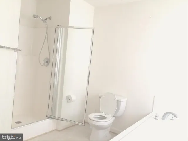 a bathroom with a shower and a toilet