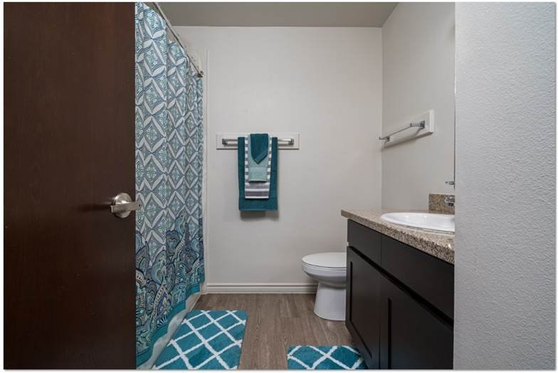 200 South Ave A, Unit 50 Aransas Pass, TX 78336 - Photo 9 of 14 a bathroom with a granite countertop toilet and a shower