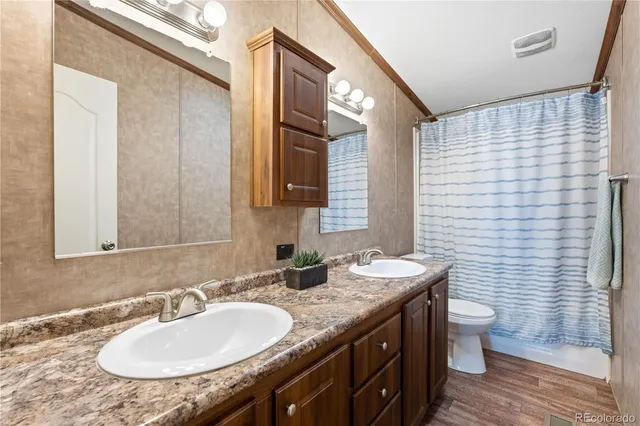 a bathroom with a granite countertop sink a toilet a mirror and shower curtain