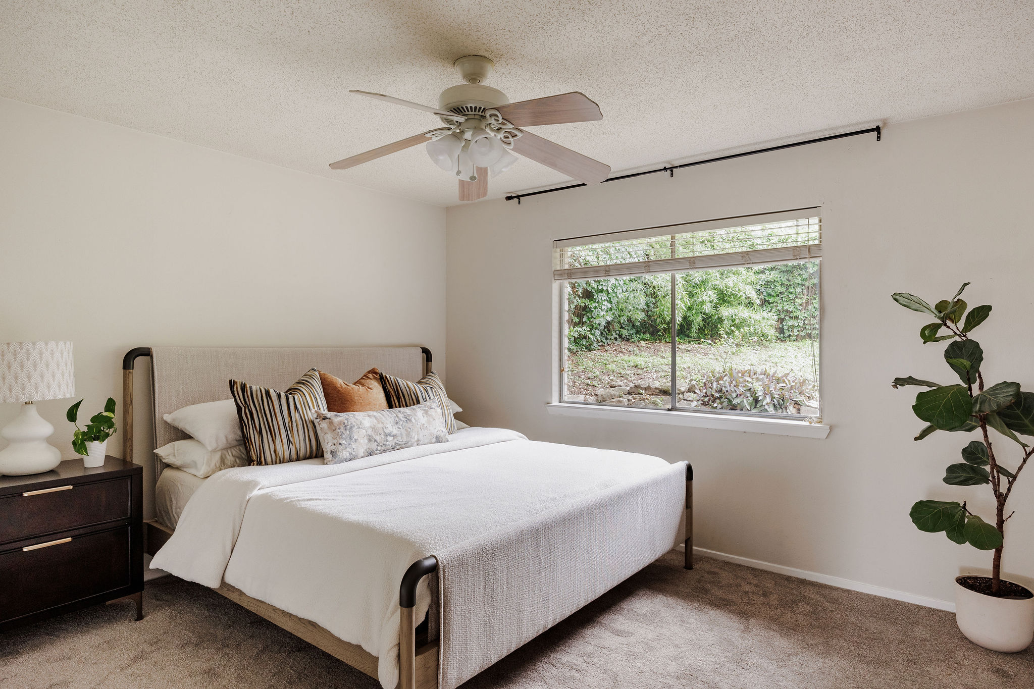 2012 Cody Court Austin, TX 78704 - Photo 19 of 40 A well-lit primary bedroom features carpeted floors and a cooling ceiling fan.