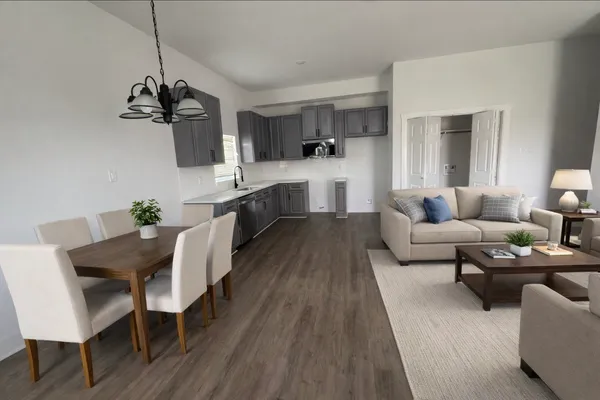 a living room with furniture a dining table and a potted plant