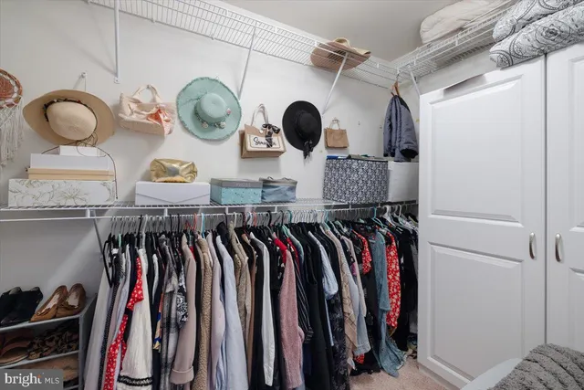 a view of walk in closet with clothes and shoes