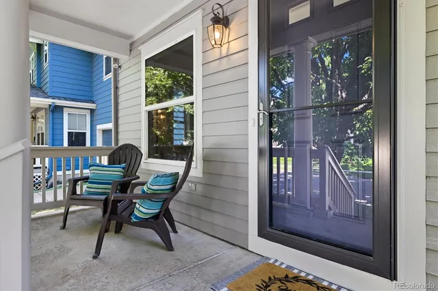 a view of a bench in front of building