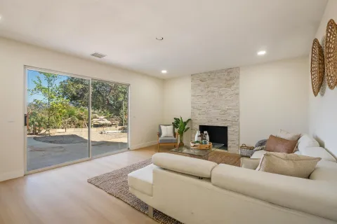 a living room with furniture a fireplace and a floor to ceiling window
