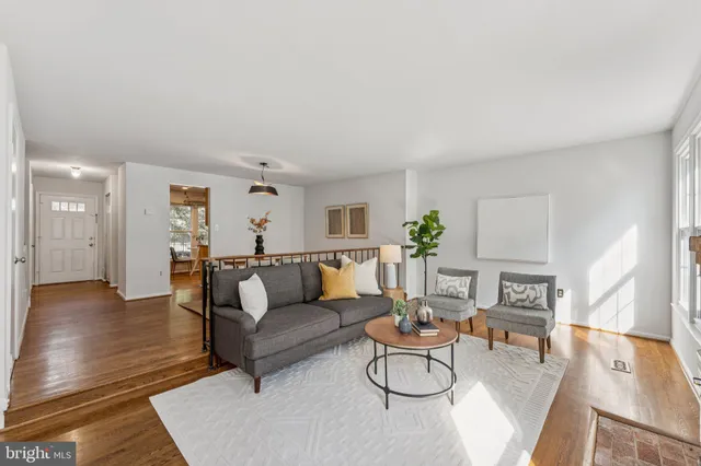 a living room with furniture a potted plant and wooden floor