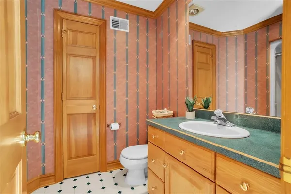 a bathroom with a sink a toilet and shower curtain