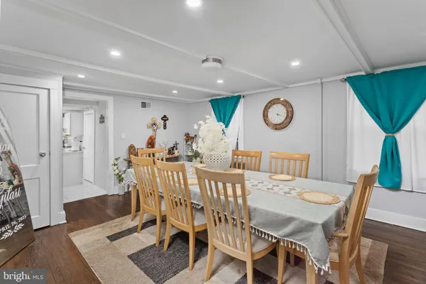 a view of a dining room with furniture