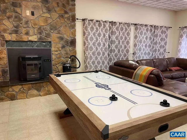 a view of a park with large trees