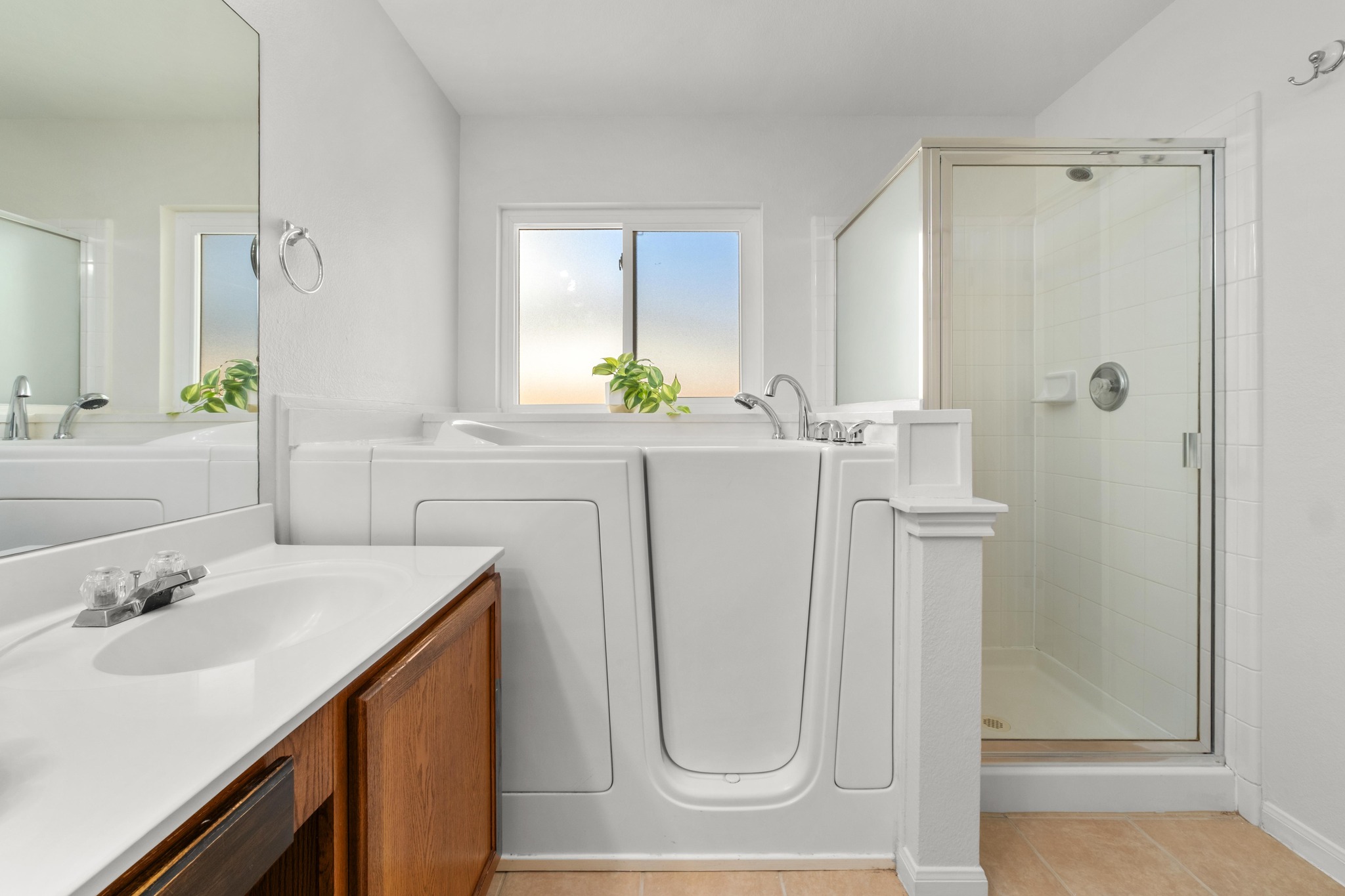 100 Pecanwood South Kyle, TX 78640 - Photo 20 of 35 A handicap accessible soaking tub offers ease of entry and a relaxing place to unwind, positioned beside the separate walk-in shower for added convenience