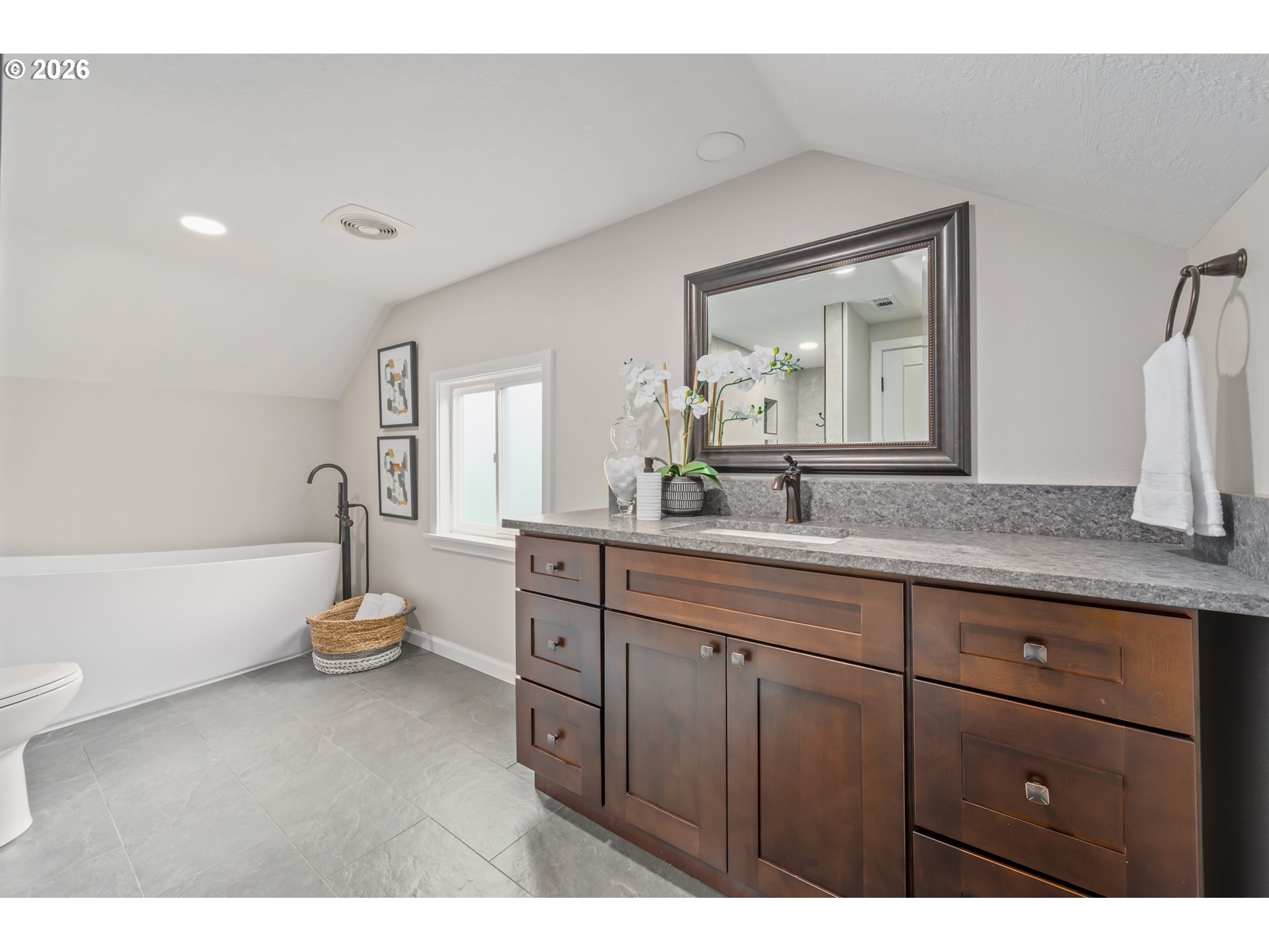 2031 Olive Street Eugene, OR 97405 - Photo 26 of 38 a bathroom with a granite countertop sink mirror and toilet