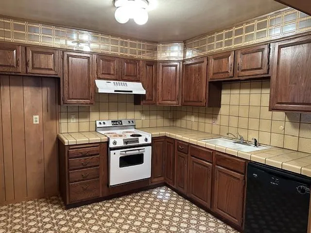 a kitchen with a sink a stove and cabinets