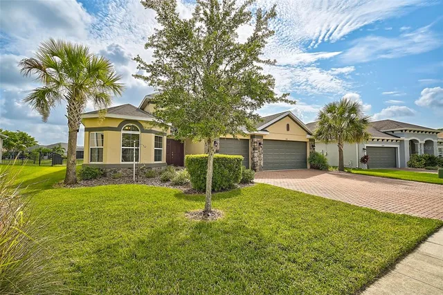 a view of a house with a yard and palm tree