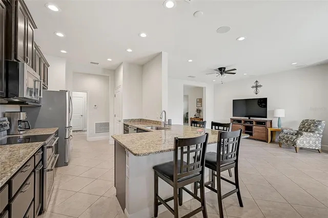a view of a dining room kitchen and a center island
