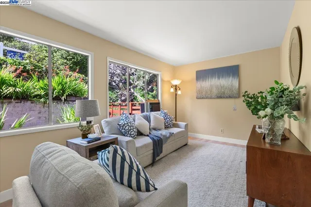 a living room with furniture and a potted plant