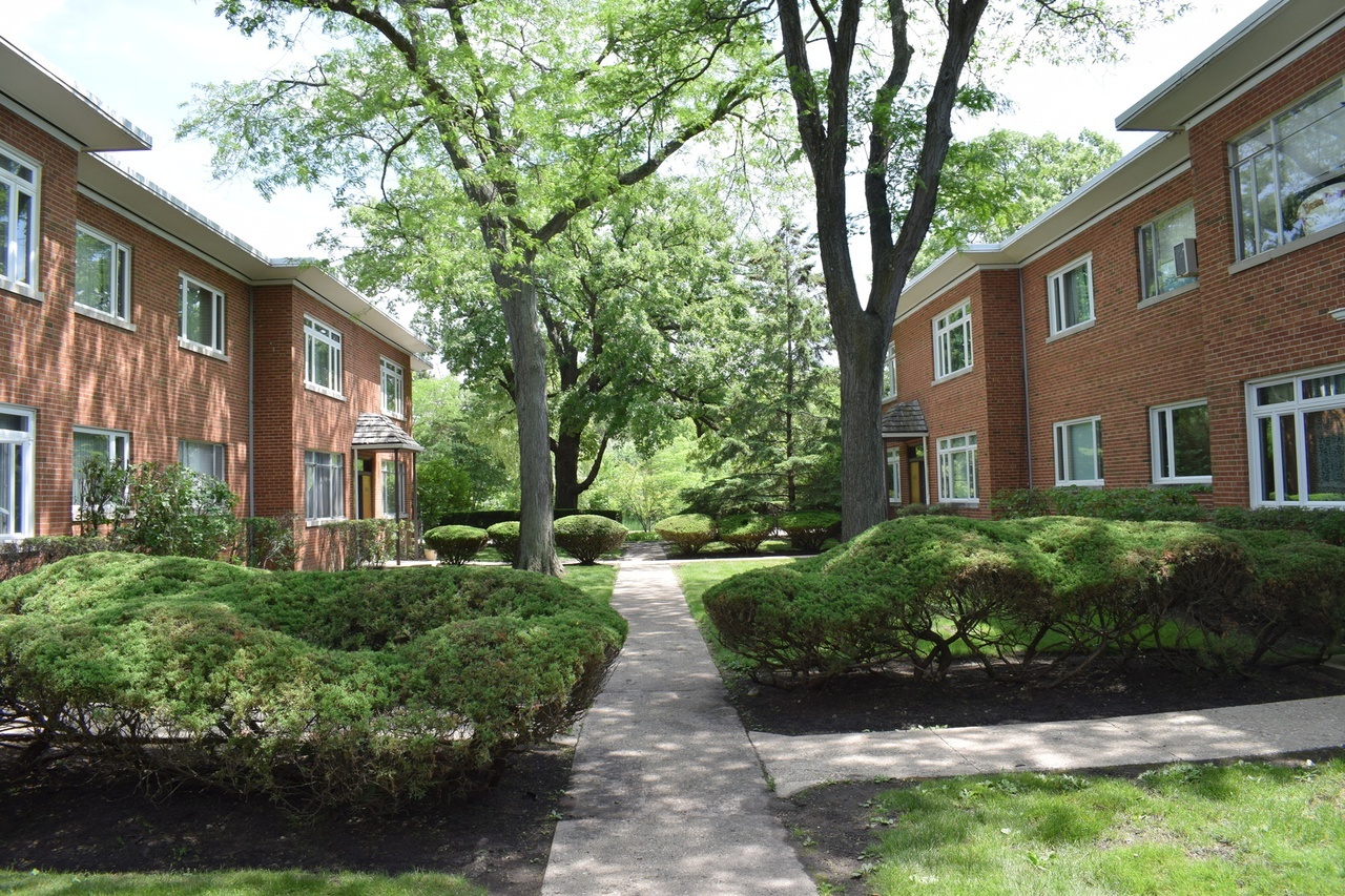 a view of a brick house with a yard and plants