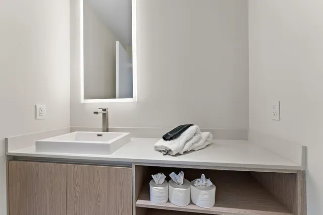 a bathroom with a sink and a mirror