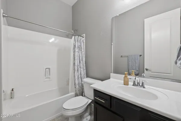a bathroom with a sink a toilet a large mirror and shower