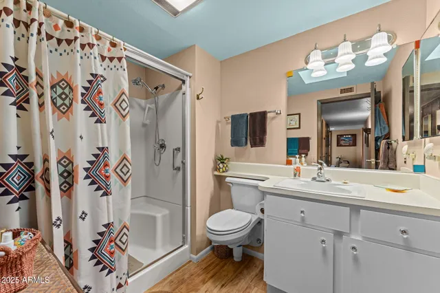 a bathroom with a sink a toilet and shower