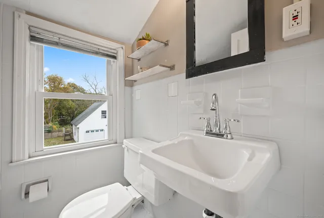 a bathroom with a sink mirror and toilet