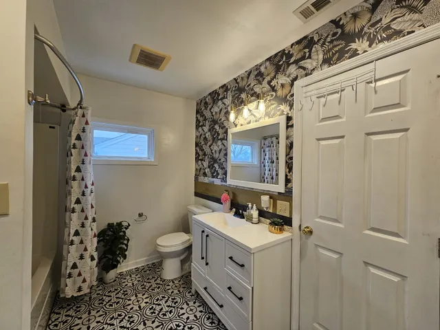 a bathroom with a sink toilet vanity and shower