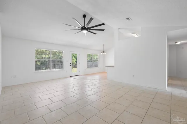 a view of a ceiling fan in a room