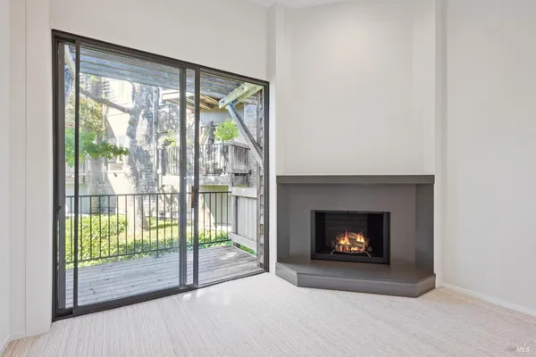 a room with a fireplace a rug and a floor to ceiling window
