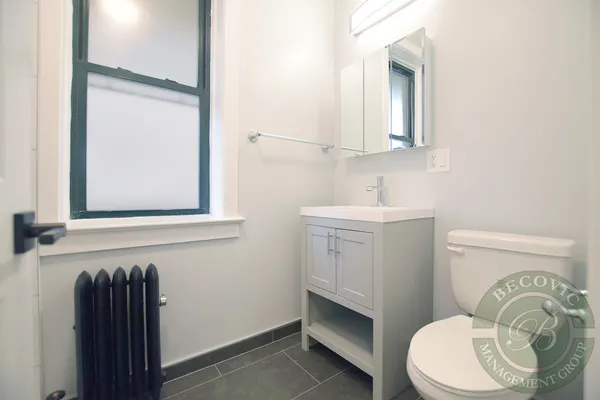 a bathroom with a sink a toilet and mirror