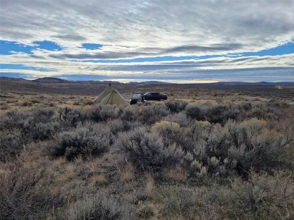 a view of a dry yard with wooden fence