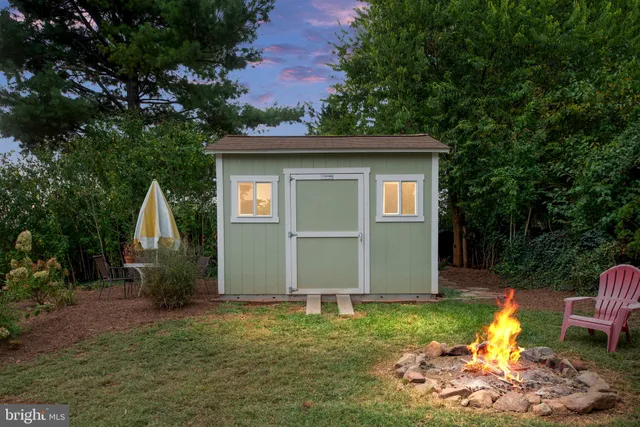 a view of a backyard with plants and large tree