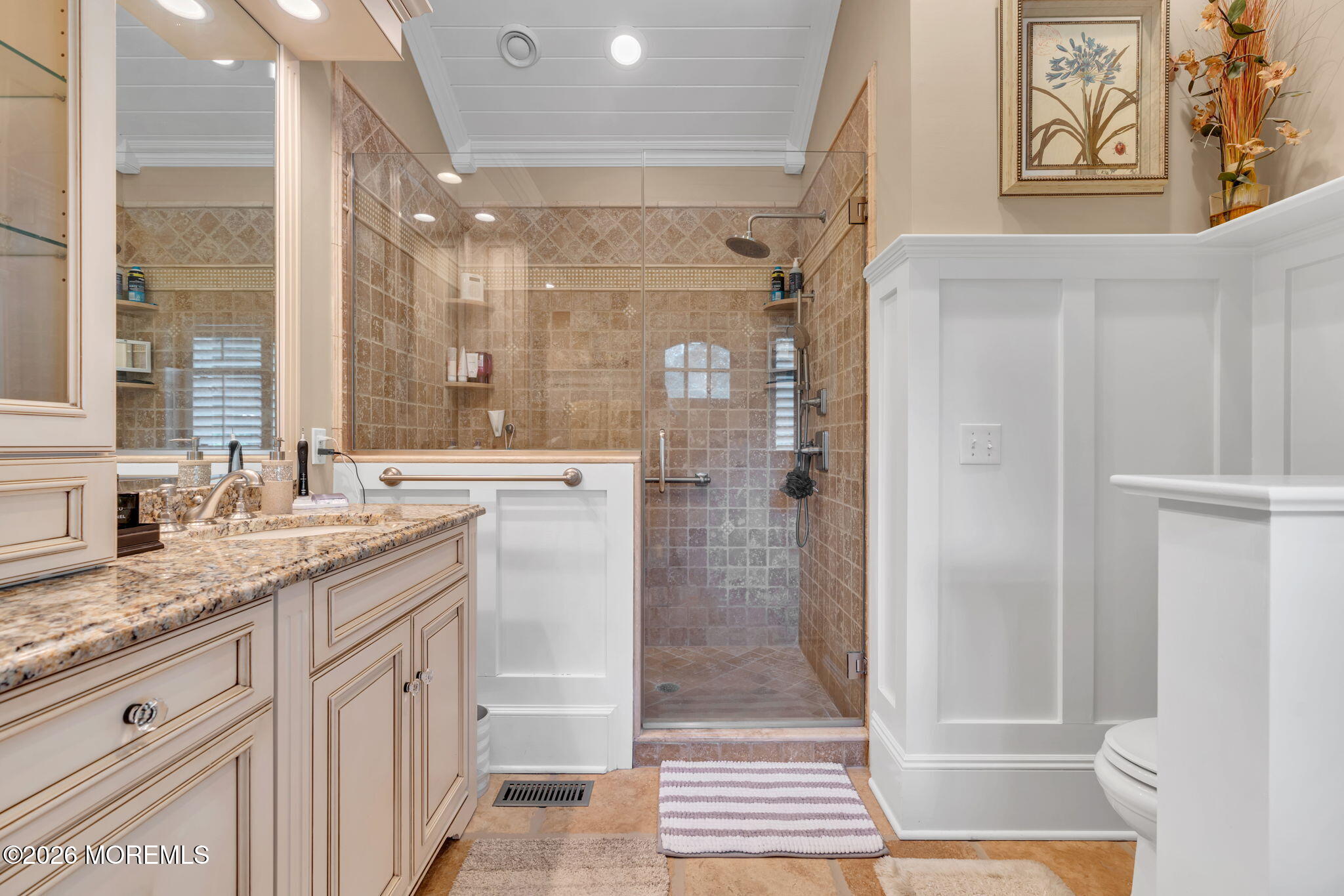 2 Alyce Lane Rumson, NJ 07760 - Photo 17 of 35 a bathroom with a granite countertop sink a mirror a glass door shower and vanity