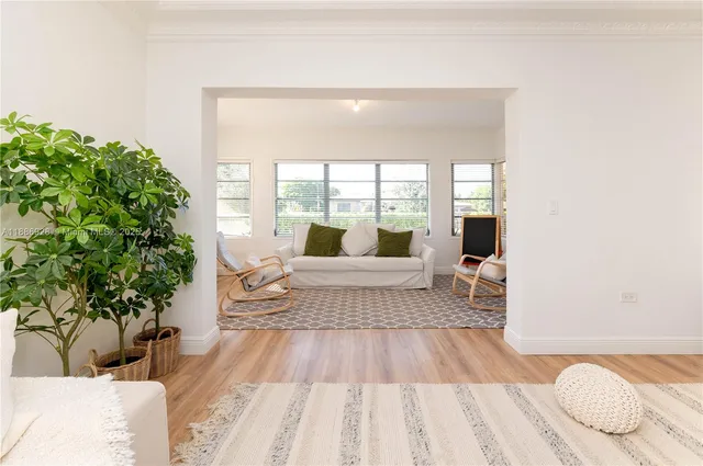a living room with furniture and a potted plant