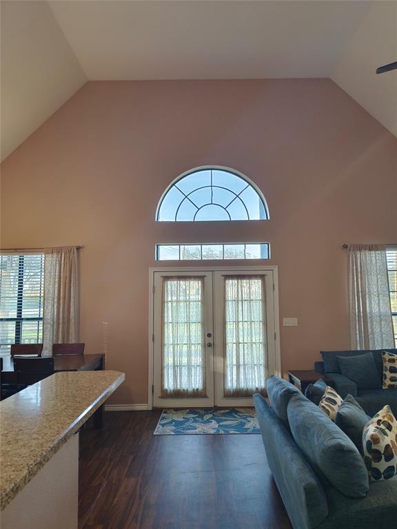 100 East Bluebonnet Drive Cresson, TX 76035 - Photo 17 of 25 Entryway with healthy amount of natural light, french doors, wood finished floors, and high vaulted ceiling