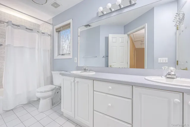 a bathroom with a double vanity sink mirror and toilet