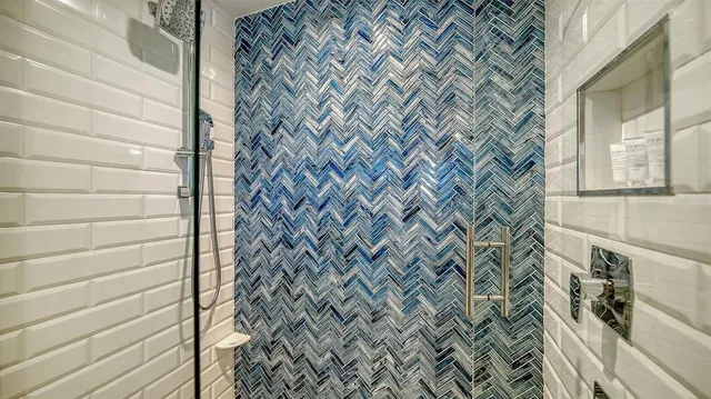 a bathroom with a shower curtain