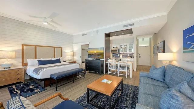 a bedroom with furniture and a fireplace