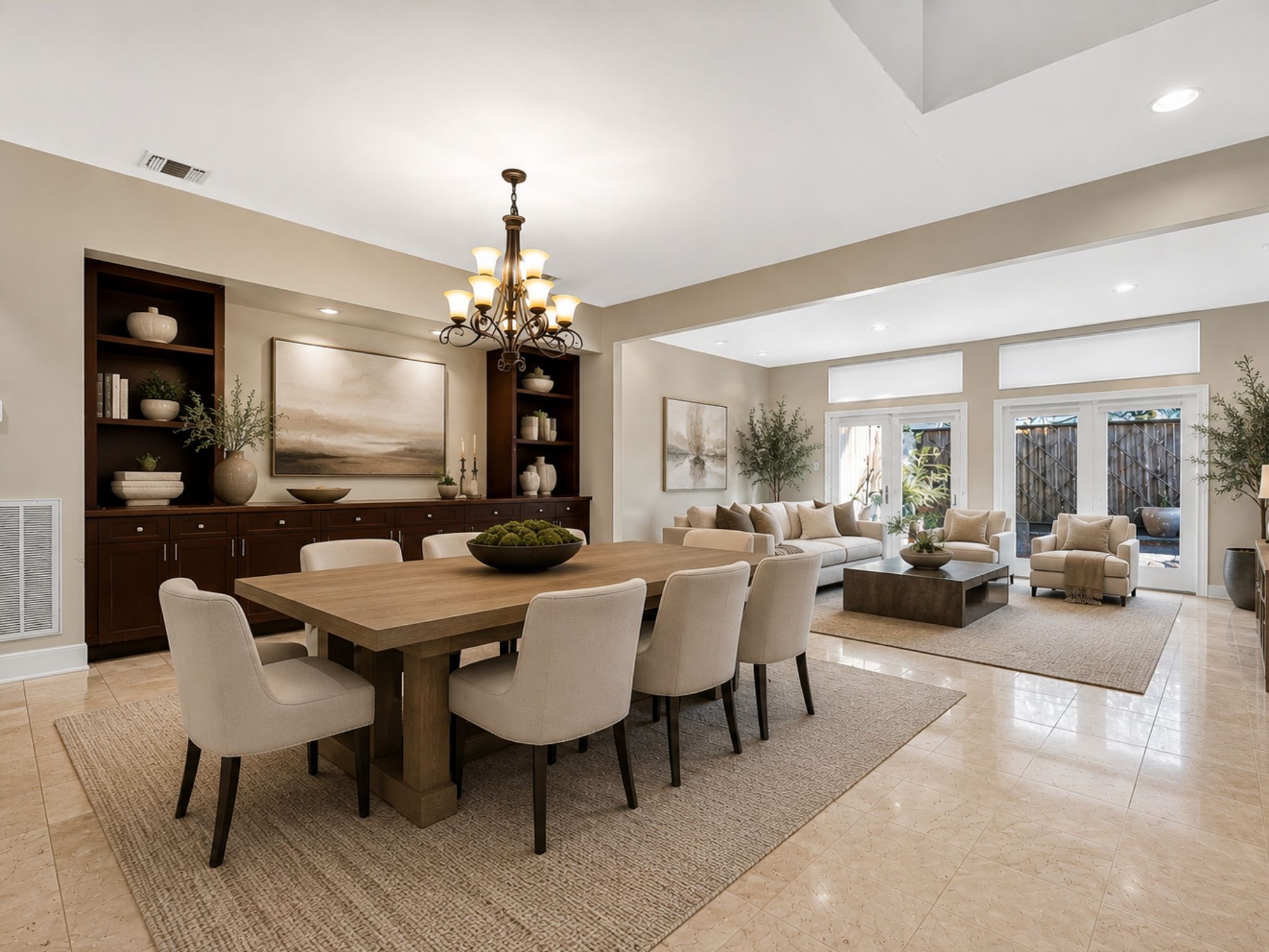 a view of a dining room with furniture window and outside view