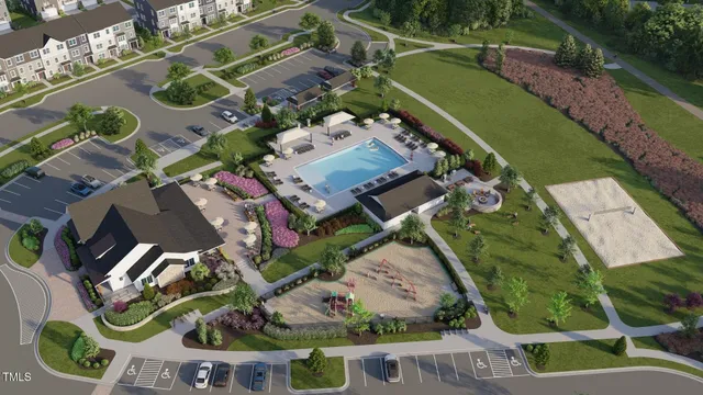 an aerial view of a house with a garden