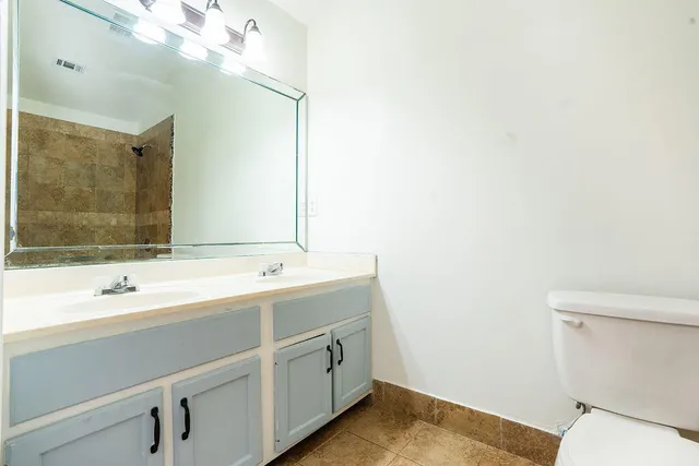 a bathroom with a sink a toilet and mirror