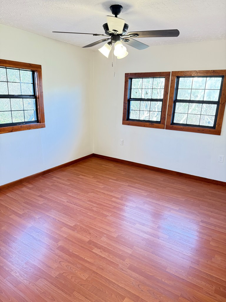 157 Old Loving Road Mineral Bluff, GA 30559 - Photo 5 of 10 an empty room with wooden floor chandelier fan and windows