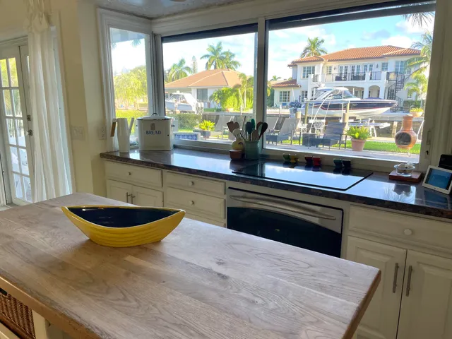 a room with a large window and a potted plant